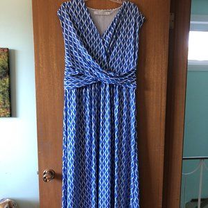 Blue and white patterned maxi dress